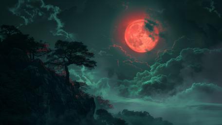 Red Moonlit Fantasy Landscape at Midnight wallpaper