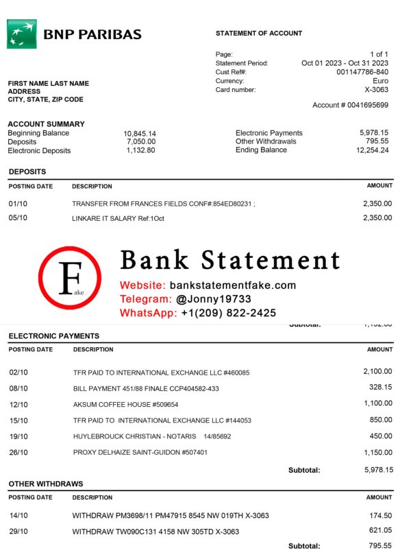 Belgium BNP PARIBAS Bank Statement Template