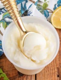 gold ice cream scoop with container of lemon sorbet