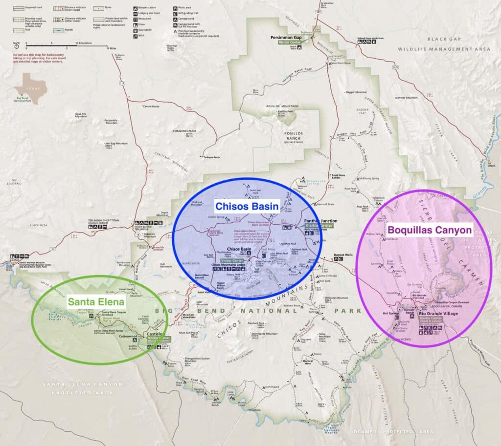 Big Bend National Park map showing the three main regions of the park