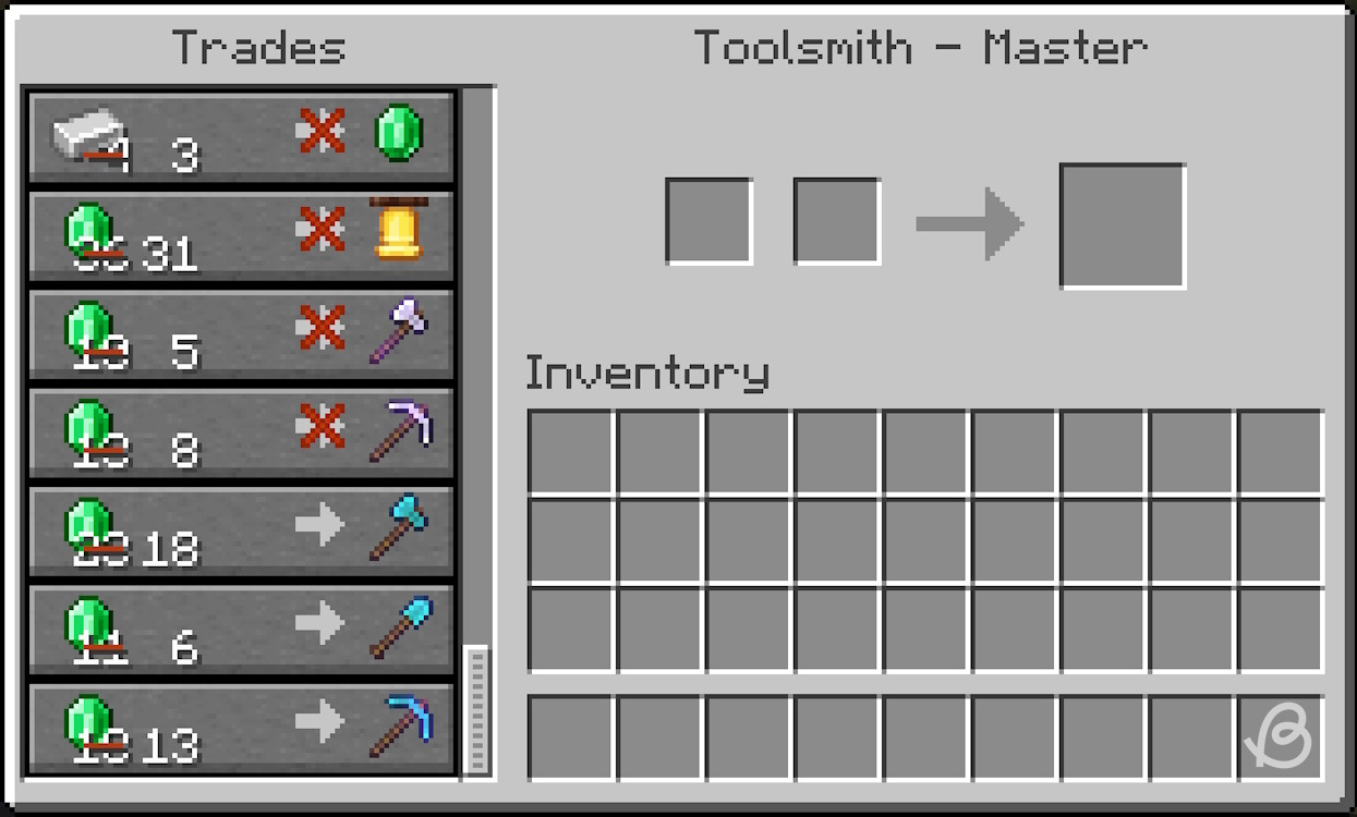 Diamond axe, pickaxe and shovel trades from toolsmith villager