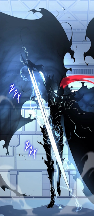 Igris unsheathing his sword in Solo Leveling manhwa