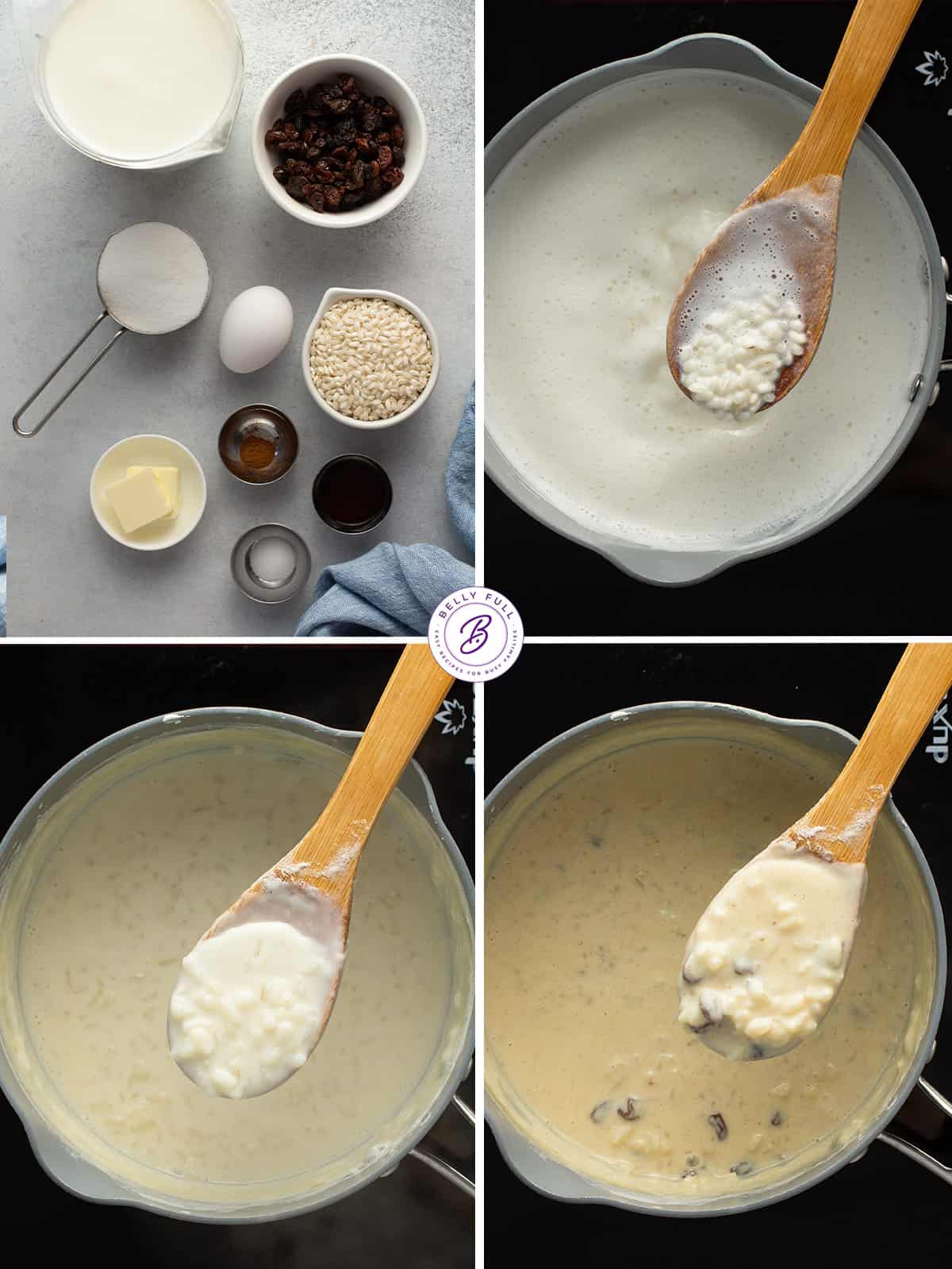 4 picture collage of how to make rice pudding