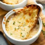 overhead soup bowl with melted cheese covered bread