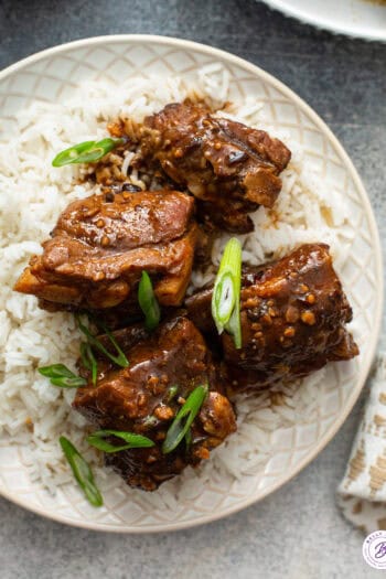 small Chinese pork ribs over rice with sauce and diced scallions