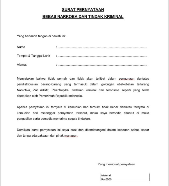 Surat Pernyataan Bebas Narkoba