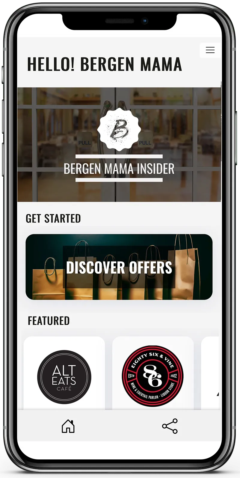 a cellphone mockup showing the BergenMama Insider app