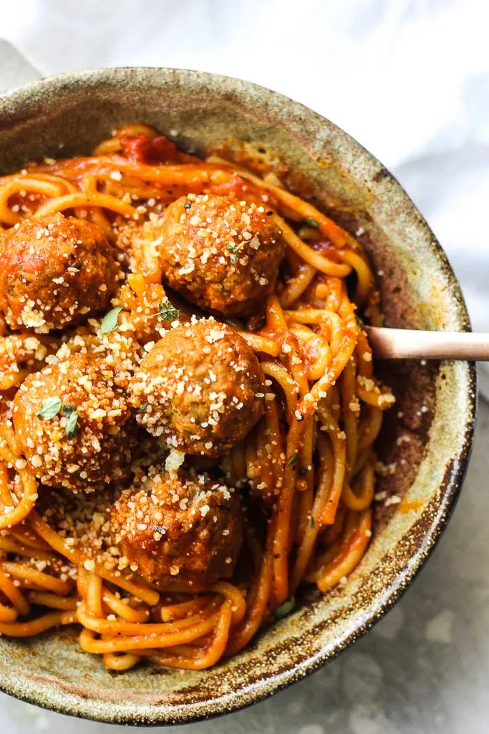 instant pot meatalls and spaghetti in a bowl