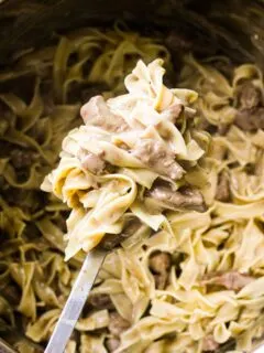 beef tips and noodles on the spoon