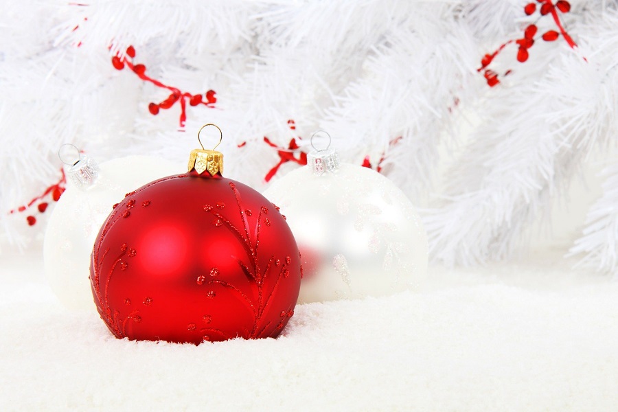 Elf on The Shelf Names Close Up of a Red Ornament with Two White Ornaments Behind it