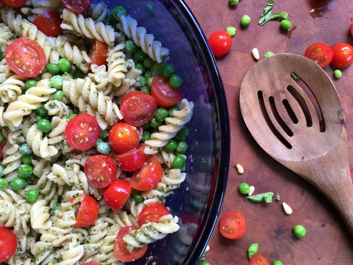 Yes, this really is the PERFECT pesto pasta salad to make anytime of the year. The colors are beautiful and the flavors please the palate.