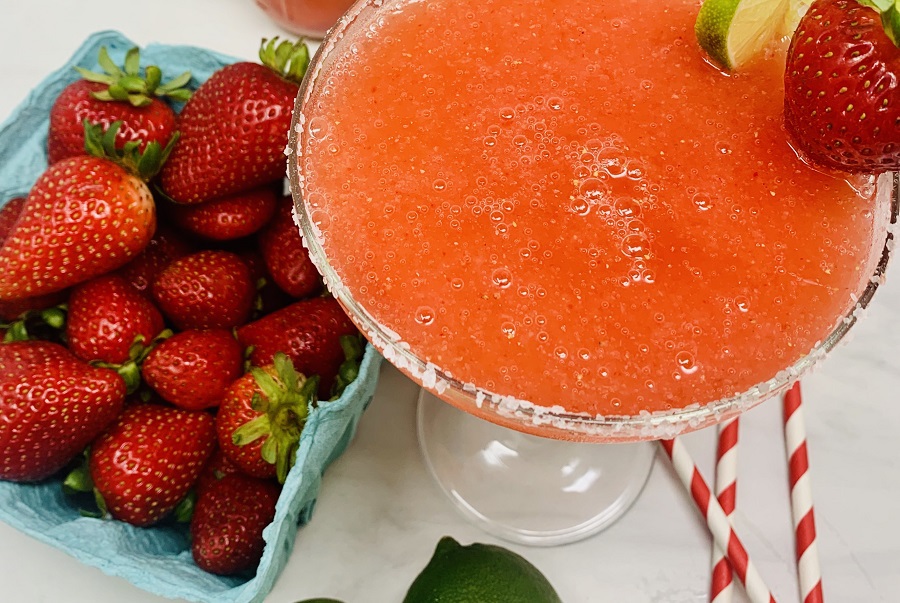 Strawberry Margarita Recipe Close Up of a Frozen Margarita in a Margarita Glass