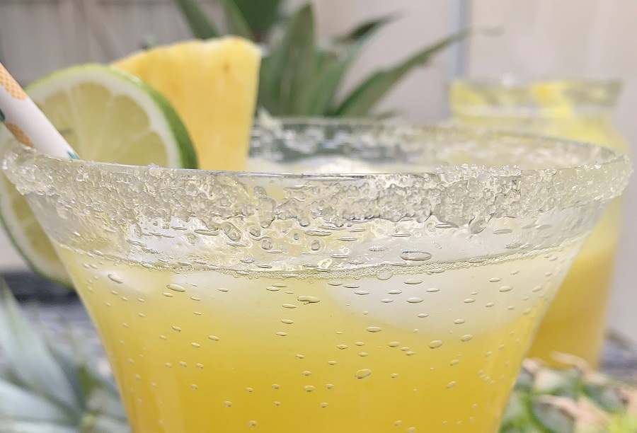 Fresh Pineapple Margarita Recipe without Triple Sec Close Up of the Rim of a Glass with Pineapple Margarita Inside