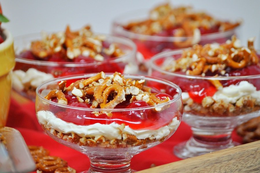 Valentines Day Desserts Close Up of a Strawberry Pretzel Dessert in Small Glasses