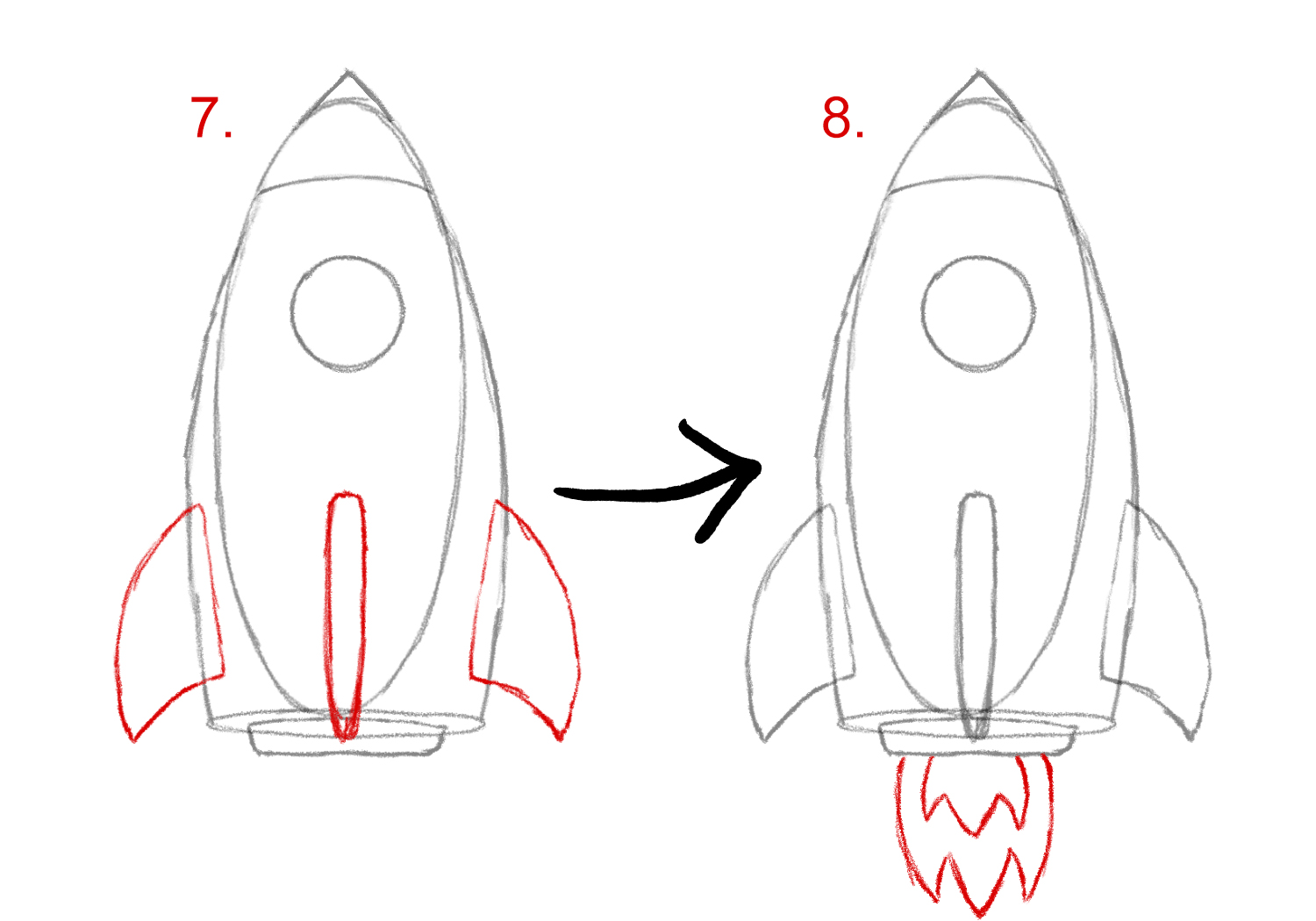 Draw fins and flames at the bottom of the rocket