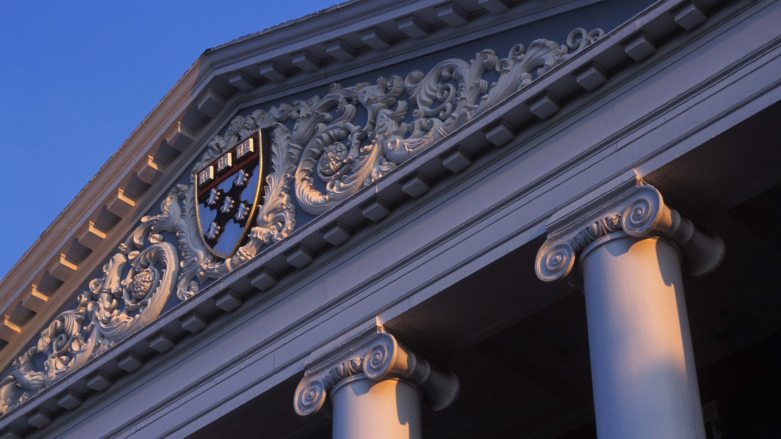 A close-up of a neoclassical building's facade with ornate carvings and columns, featuring an emblem at the center, reflects the grandeur often associated with the global elite.