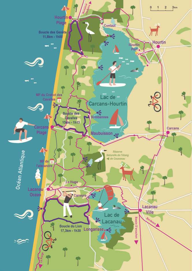 Map of the bicycle paths around Carcans Maubuisson | Atlantic Bike