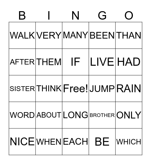 WORD BINGO  Bingo Card