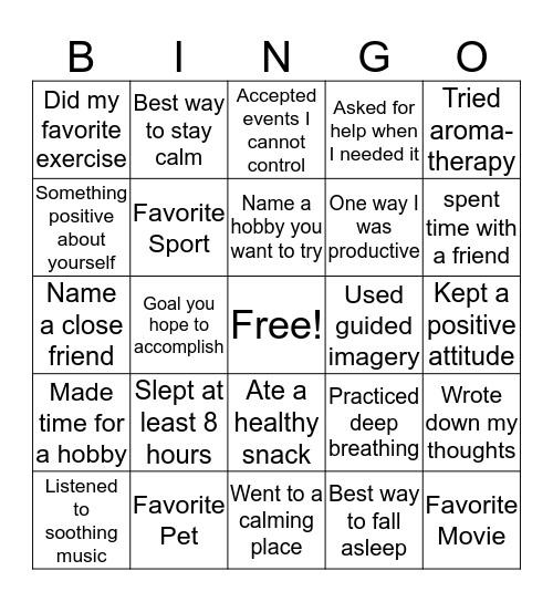 Stress Management Bingo! Bingo Card