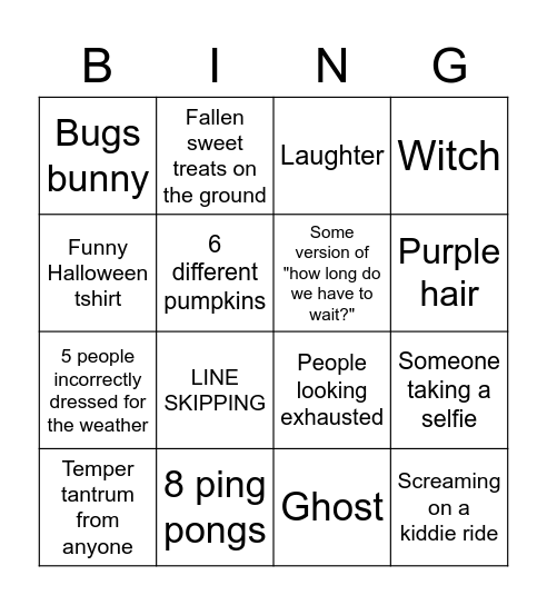 Six Flags: Halloween Edition Bingo Card