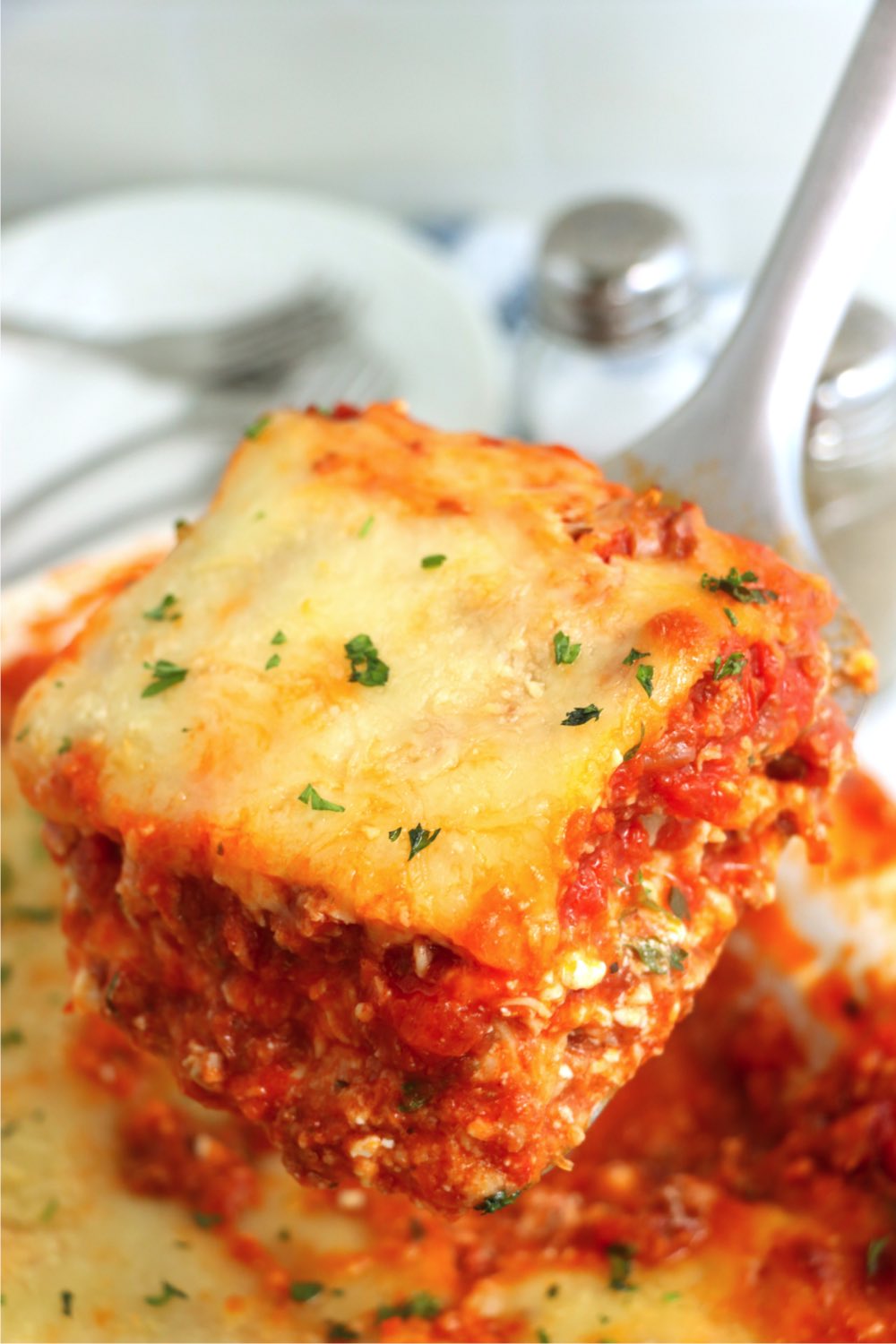 spatula holding piece of lasagna