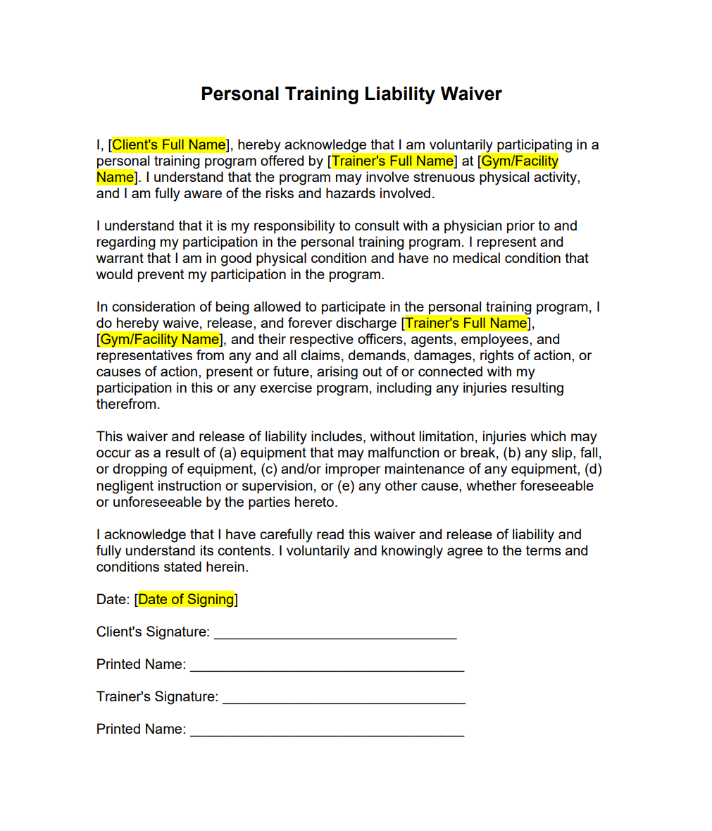 Personal Trainer Liability Waiver Template