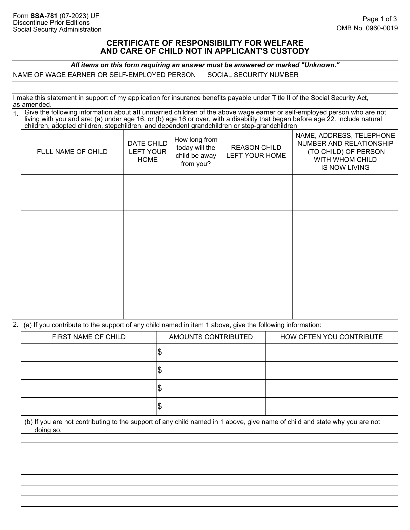 Form SSA-781. Certificate of Responsibility for Welfare and Care of ...