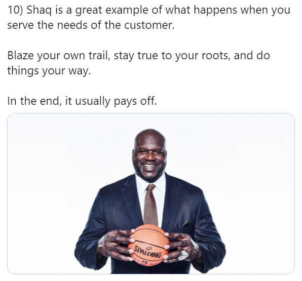 Screenshot of a tweet appreciating Shaq for catering to customer needs