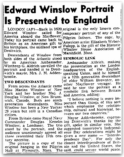 An article about Edward Winslow's portrait, Boston Traveler newspaper article 3 July 1953