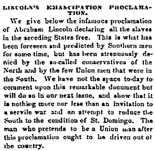 An article about Abraham Lincoln and the Emancipation Proclamation, Chattanooga Daily Rebel newspaper article 2 October 1862