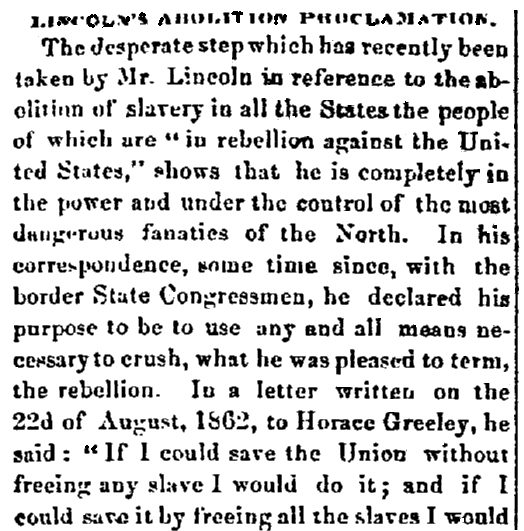 An article about Abraham Lincoln and the Emancipation Proclamation, Chattanooga Daily Rebel newspaper article 3 October 1862