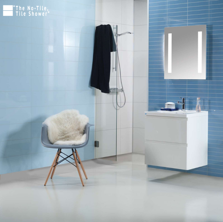 Sky blue laminated shower and bathroom wall panels | Innovate Building Solutions | #HighGloss #GlossyPanels #NoTileTileShower #NoTile