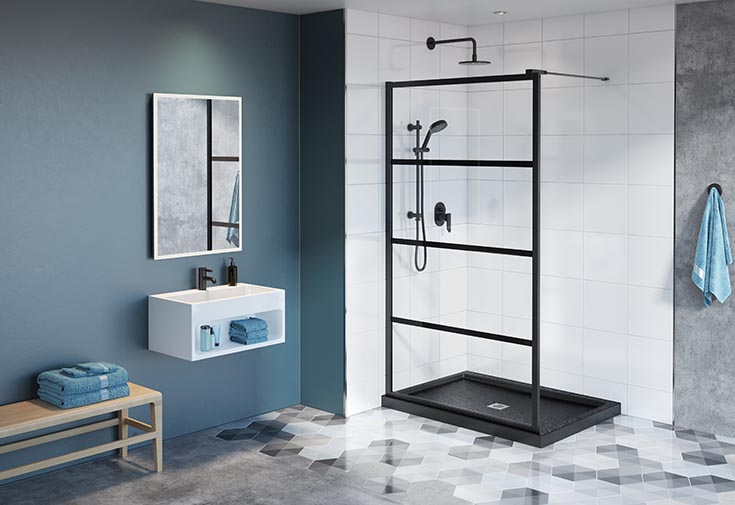 Part 1 myth 1 curbed walk in shower | Innovate Building Solutions | Bathroom remodeling ideas | Walk in shower design | Matte Black Glass Door