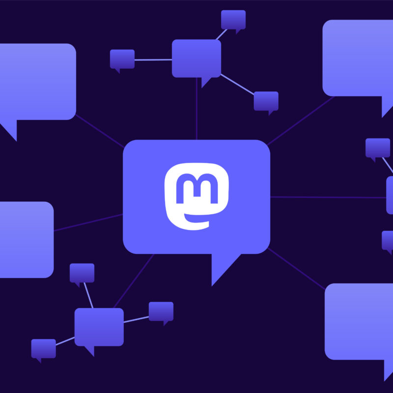 An illustration shows the Mastodon logo (the letter M) inside a speech bubble in the center, connected by lines to surrounding speech bubbles.