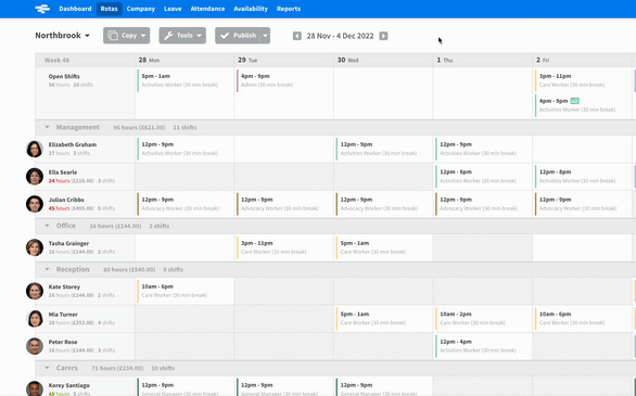 Animated gif showing a RotaCloud rota with staff availability being toggled on and off