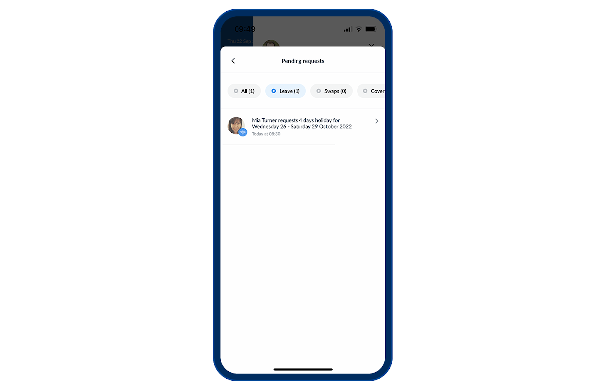 Screenshot of a staff holiday request in the RotaCloud mobile app