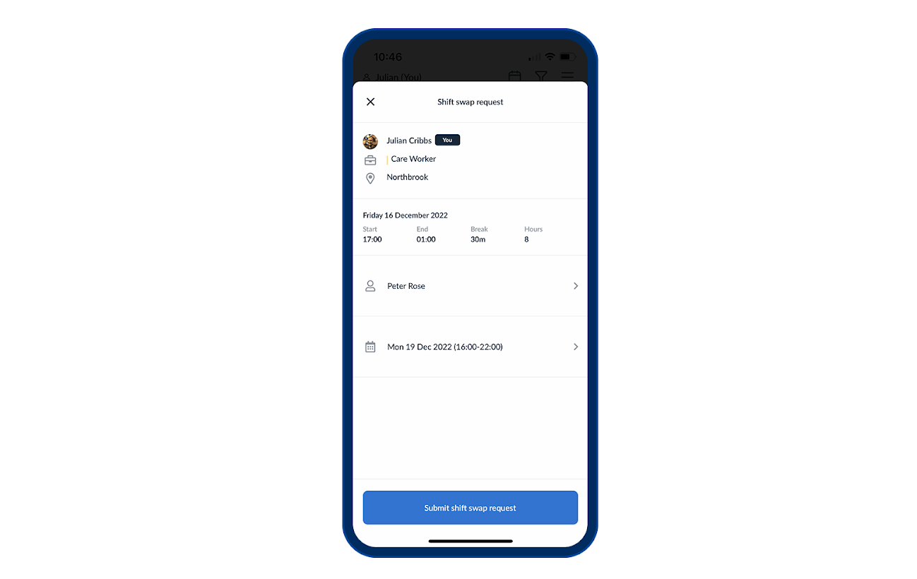 Screenshot of a shift swap request in the RotaCloud mobile app 