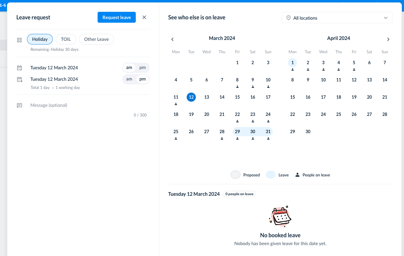 Screenshot of the leave request screen in RotaCloud showing date picker and 'See who else is on leave' screen
