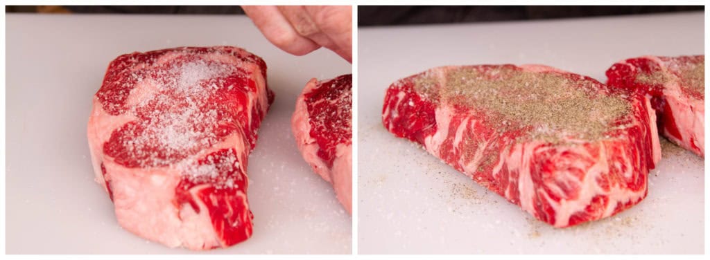 Salt and pepper rib eyes before grilling