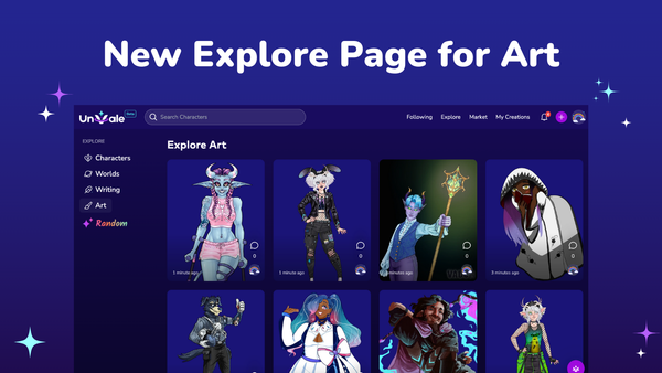 UnVale's Explore page is shown, with a new sub-menu for Art.