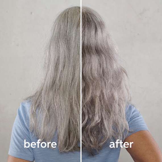 Before and after of true grey hair color, created using Wella Professionals