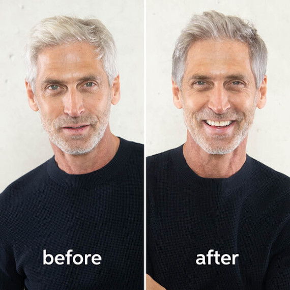 Before and after of true grey hair color on a male, created using Wella Professionals