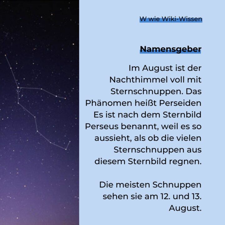 Das Foto zeigt das Sternbild Perseus am Nachthimmel. Das Sternbild ist der Namensgeber des astrologischen Phänomens Perseiden, weil es so aussieht, als würden die Sternschnuppenregen aus dem Sternbild Perseus regnen.