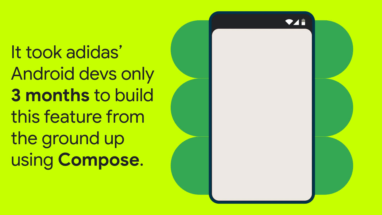UX screen of shoe tournament. Top shoe is clicked. Text reads: It took adidas' Android devs only 3 months to build this feature from the ground up using Compose.