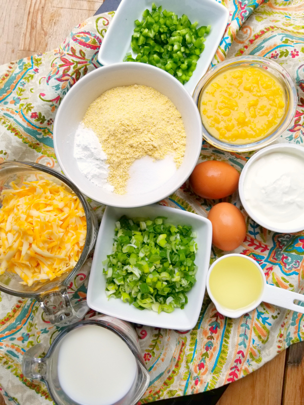 Navajo Cornbread - A rustic, savory cornbread recipe chocked full of jalapeno peppers, jack cheese, creamed corn and green onions.