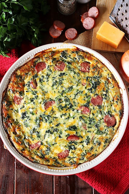 Crustless Smoked Sausage & Spinach Quiche in Baking Dish Image