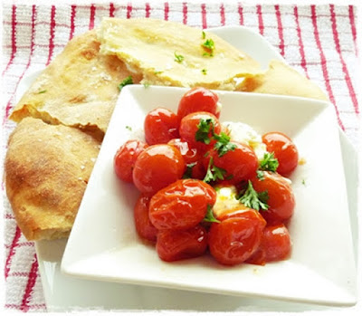 roasted tomatoes, mozzarella, flatbread