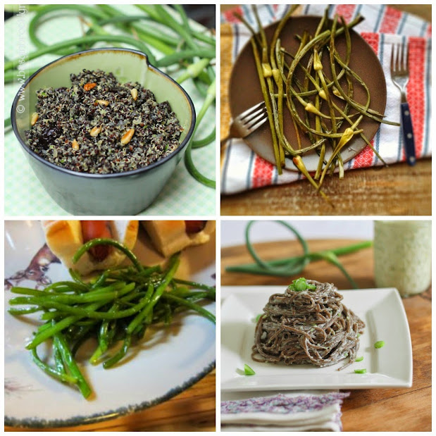 collage of 4 images of side dishes using garlic scapes, part of the garlic scape recipe round up