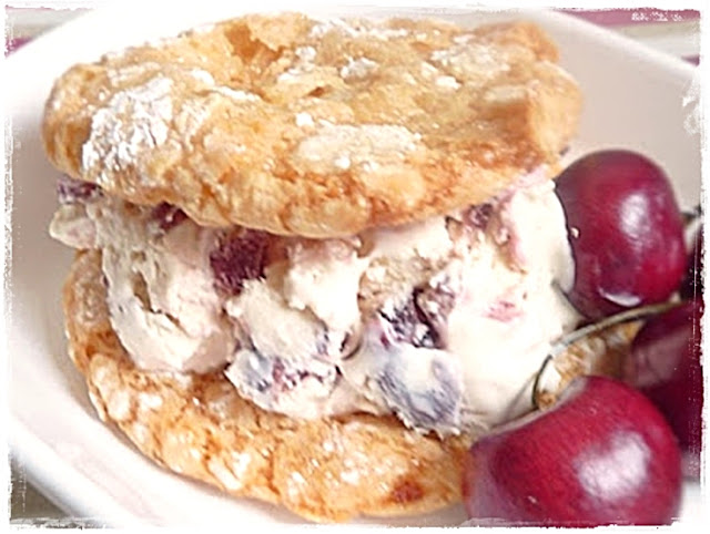 chewy marzipan cookies sandwiched with no-churn cherry ice cream