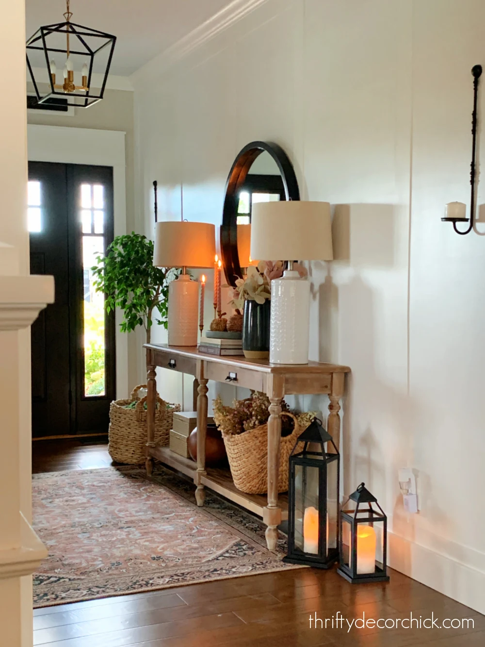 entryway with long wood table